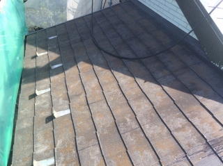 洗浄前の屋根の状態。全面にコケびっしりです(^_^;)